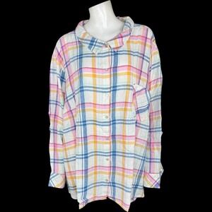 Candace Cameron Bure Shirt 5XP Pastel Plaid Linen Button Front Roll Tab Sleeve